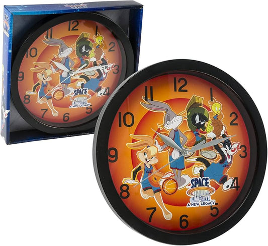 Space Jam wall clock set with orange character dial, black rim, and retail box