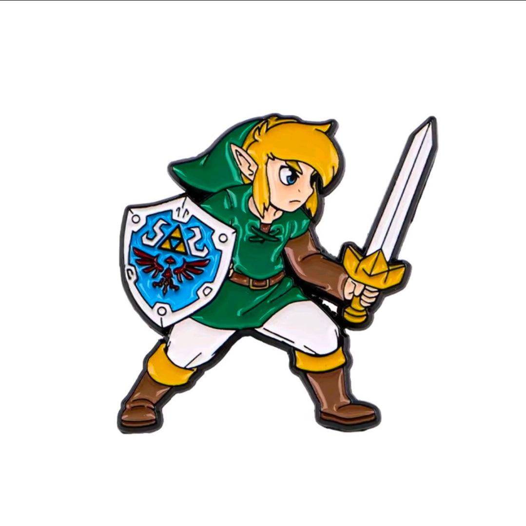 Link enamel pin in green outfit with sword and blue shield
