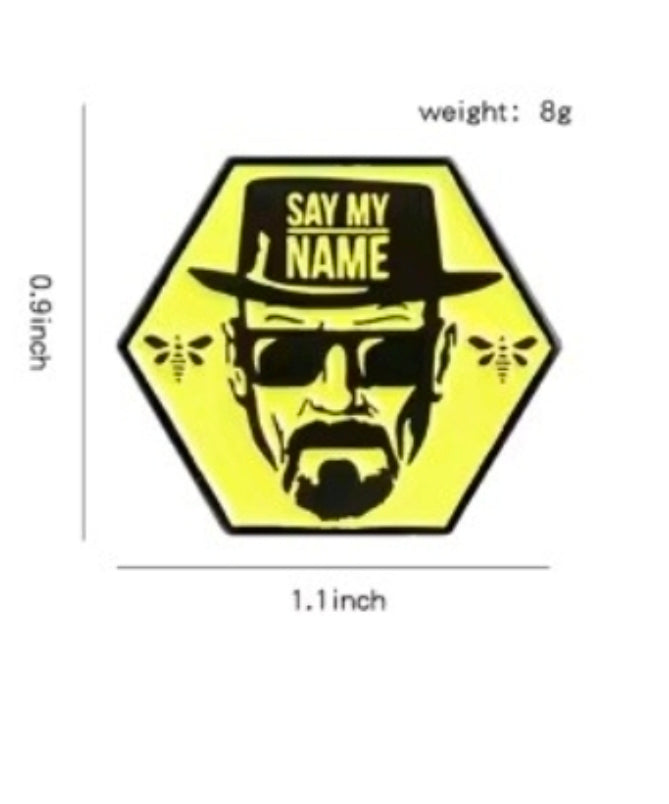 Hexagon “Say My Name” enamel pin with black beard portrait on yellow