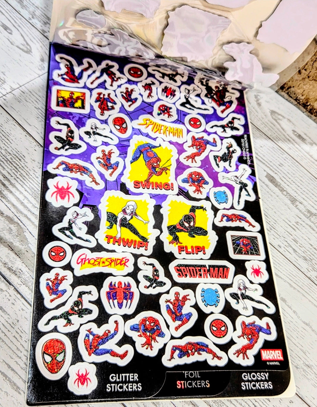 Spider-Man sticker sheet featuring multiple character and icon designs