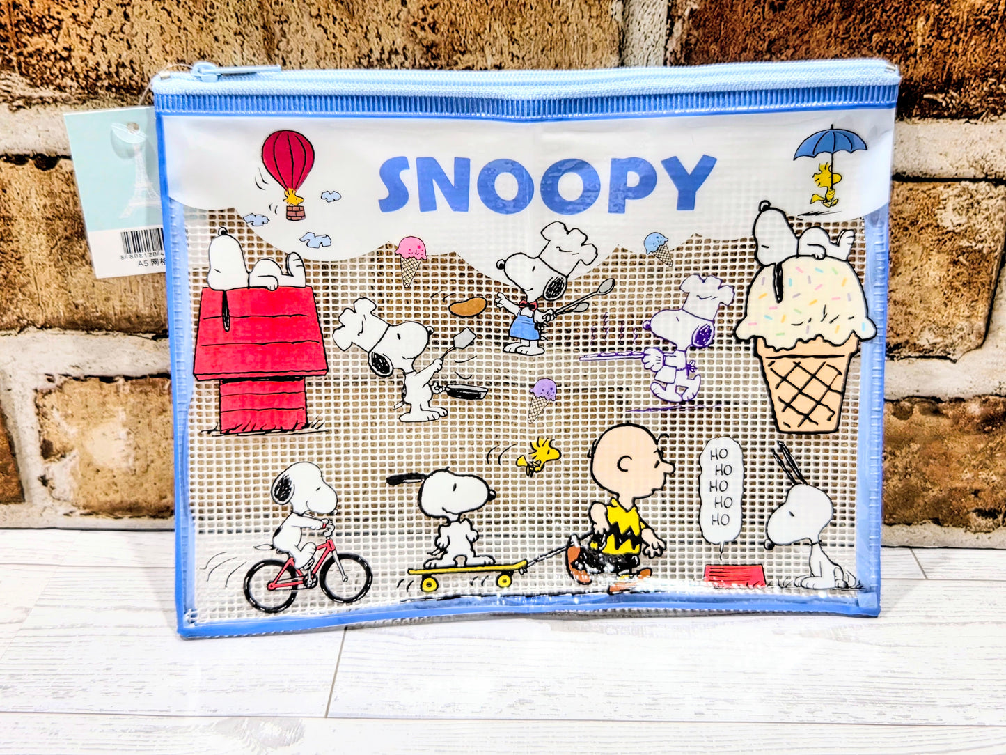 Snoopy Peanuts A5 Mesh Zip Pouch Bag Clear Kawaii Stationery Cosmetic Charlie Brown Woodstock