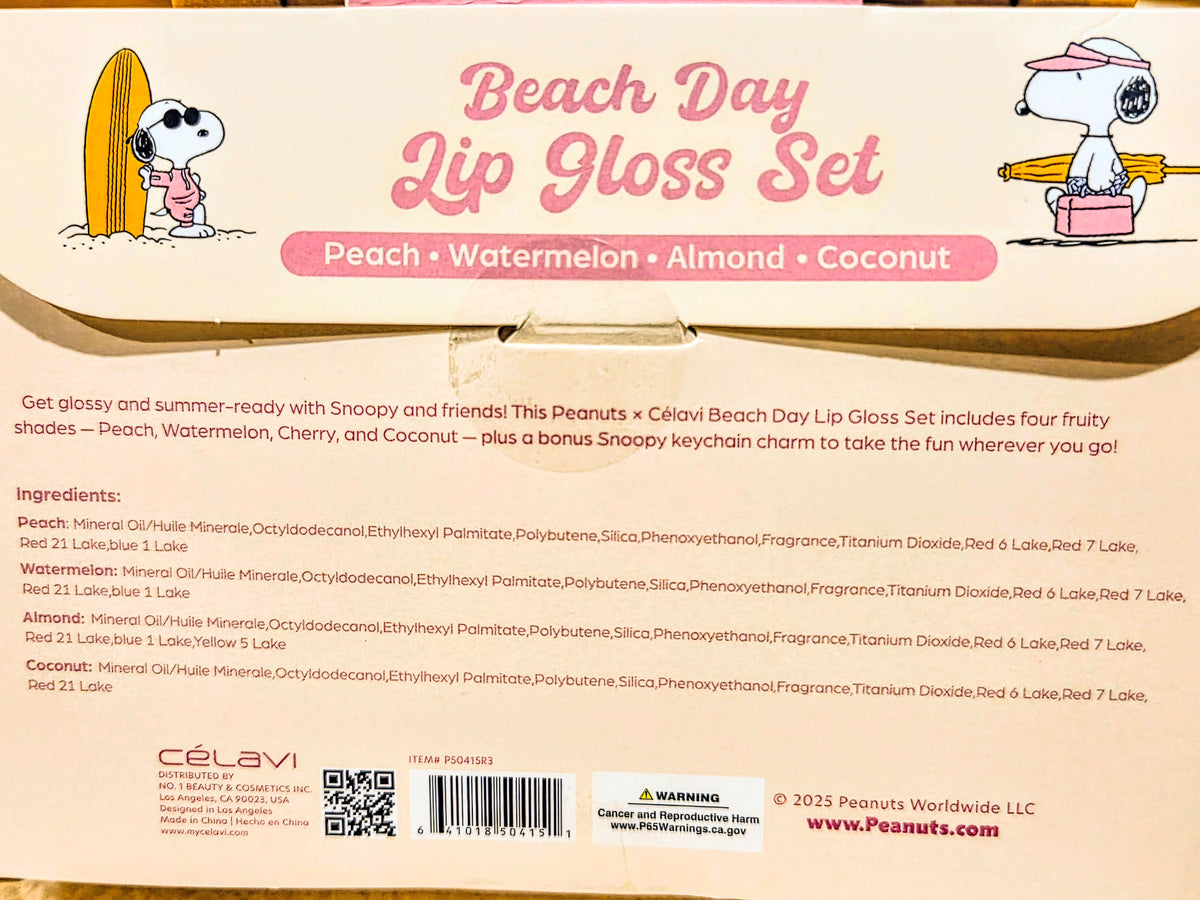 Peanuts x Celavi Snoopy Beach Day lip gloss set back packaging with flavor list
