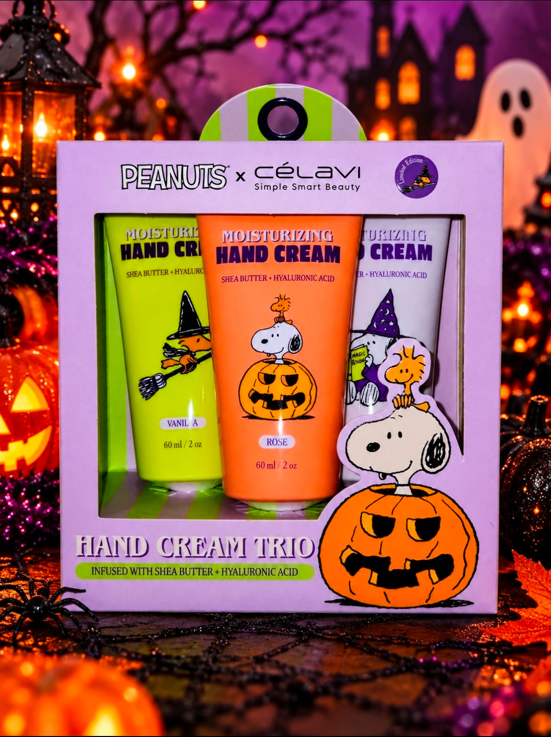 Peanuts x Celavi hand cream trio gift box with Vanilla, Rose, and Lavender tubes