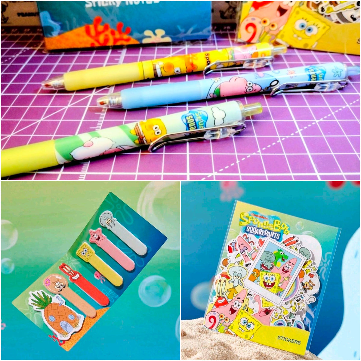 Stationery bundle: SpongeBob pens and sticker sheets with chibi character designs