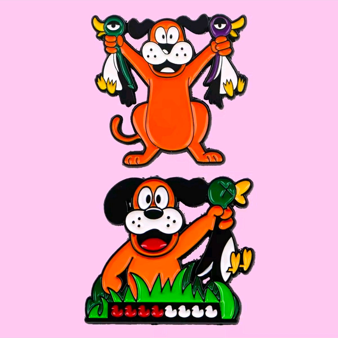 Two colorful enamel lapel pins of Duck Hunt dog character, front view set.