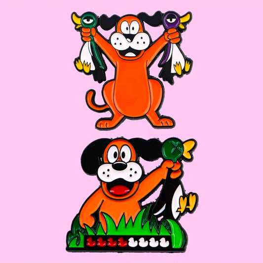 Two colorful enamel lapel pins of Duck Hunt dog character, front view set.