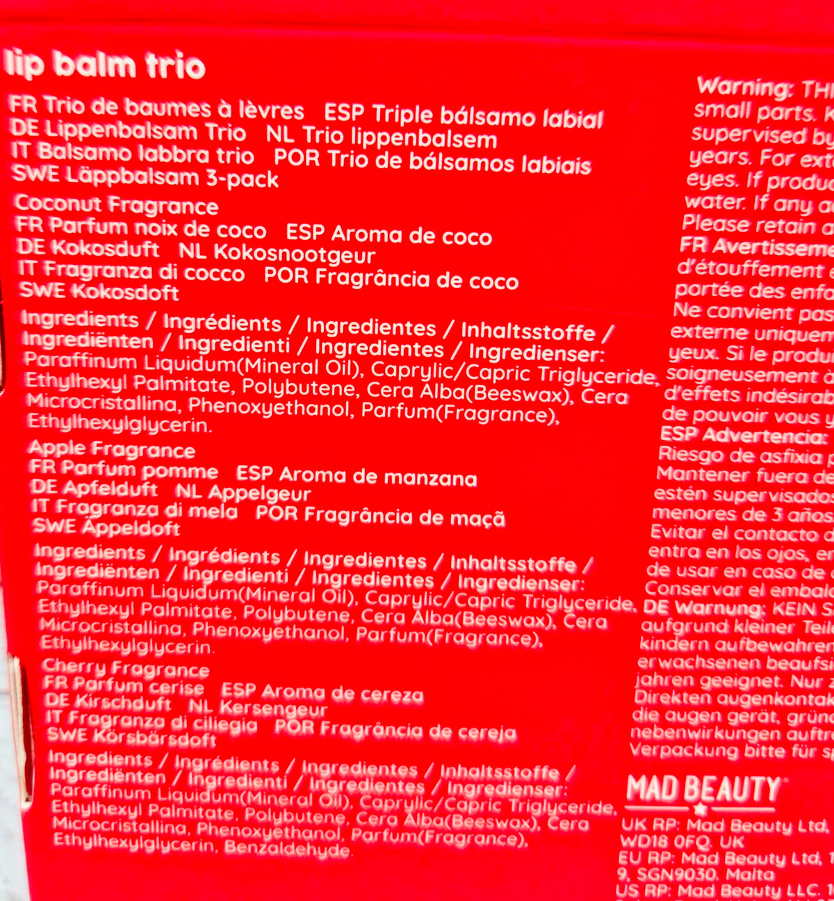Mad Beauty lip balm trio package ingredients and fragrance warning text panel