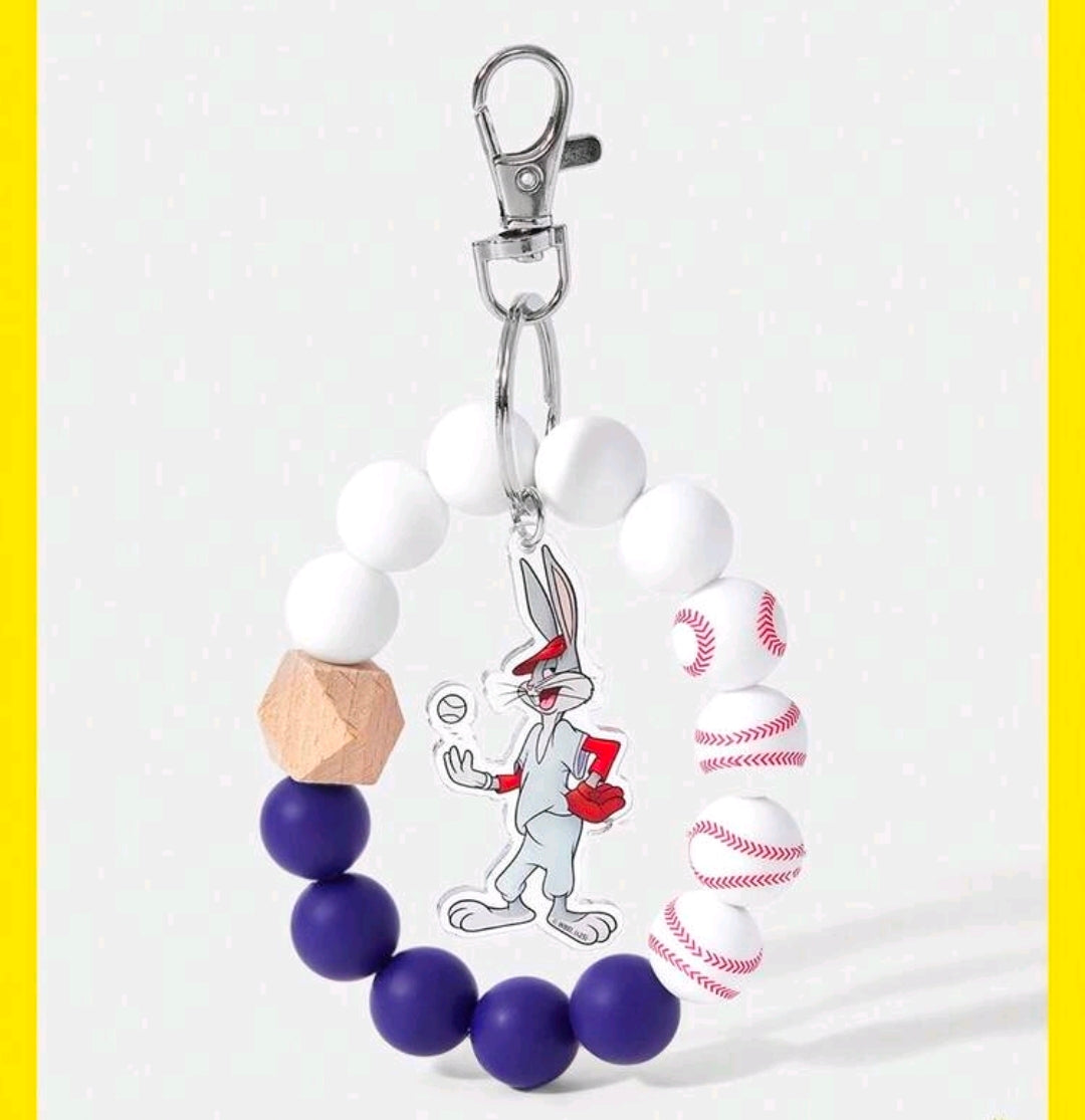 Beaded Bugs Bunny keychain wrist strap with wood block bead, navy beads, and red-white baseballs