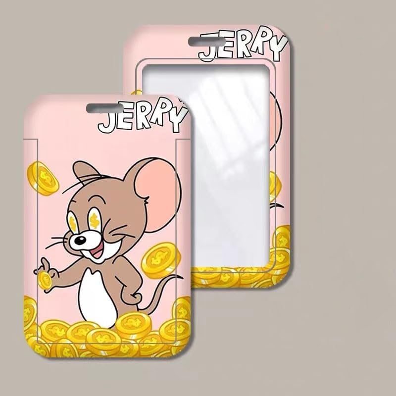 Pink Jerry lanyard ID card holder with clear window and gold coin border