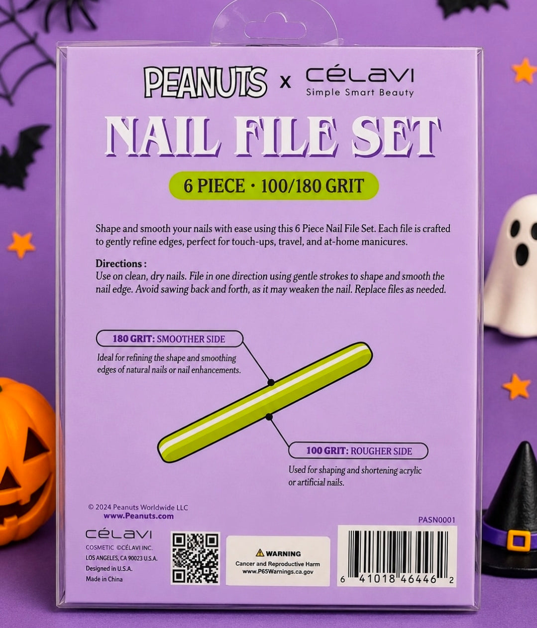 Peanuts x Celavi nail file set retail box front with 6 piece 100/180 grit
