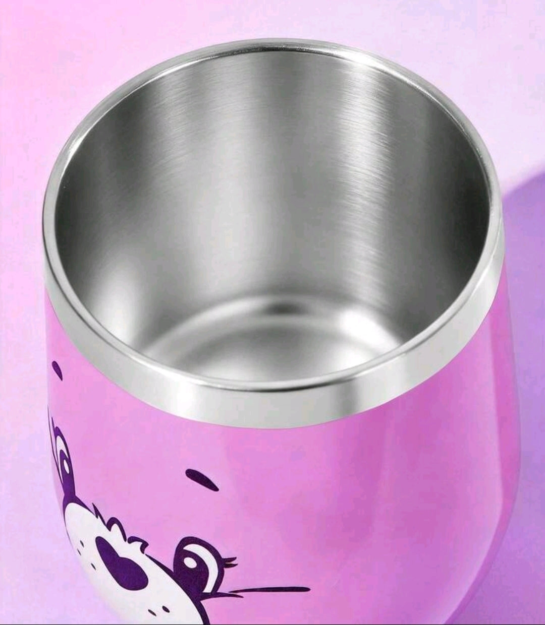 Pink stainless steel insulated tumbler interior with brushed silver rim