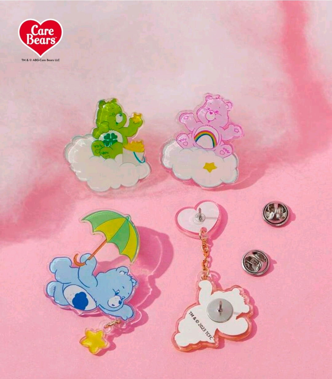 Set of acrylic Care Bears cascading brooch pins with clouds, stars, heart and umbrella charms