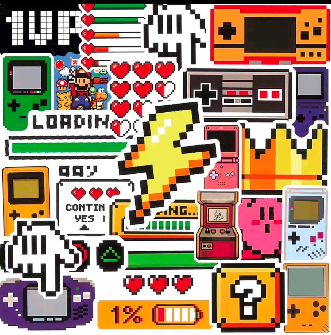 Nintendo sticker vinyl pack with assorted retro game decals: hearts, controllers, 1% meter, consoles