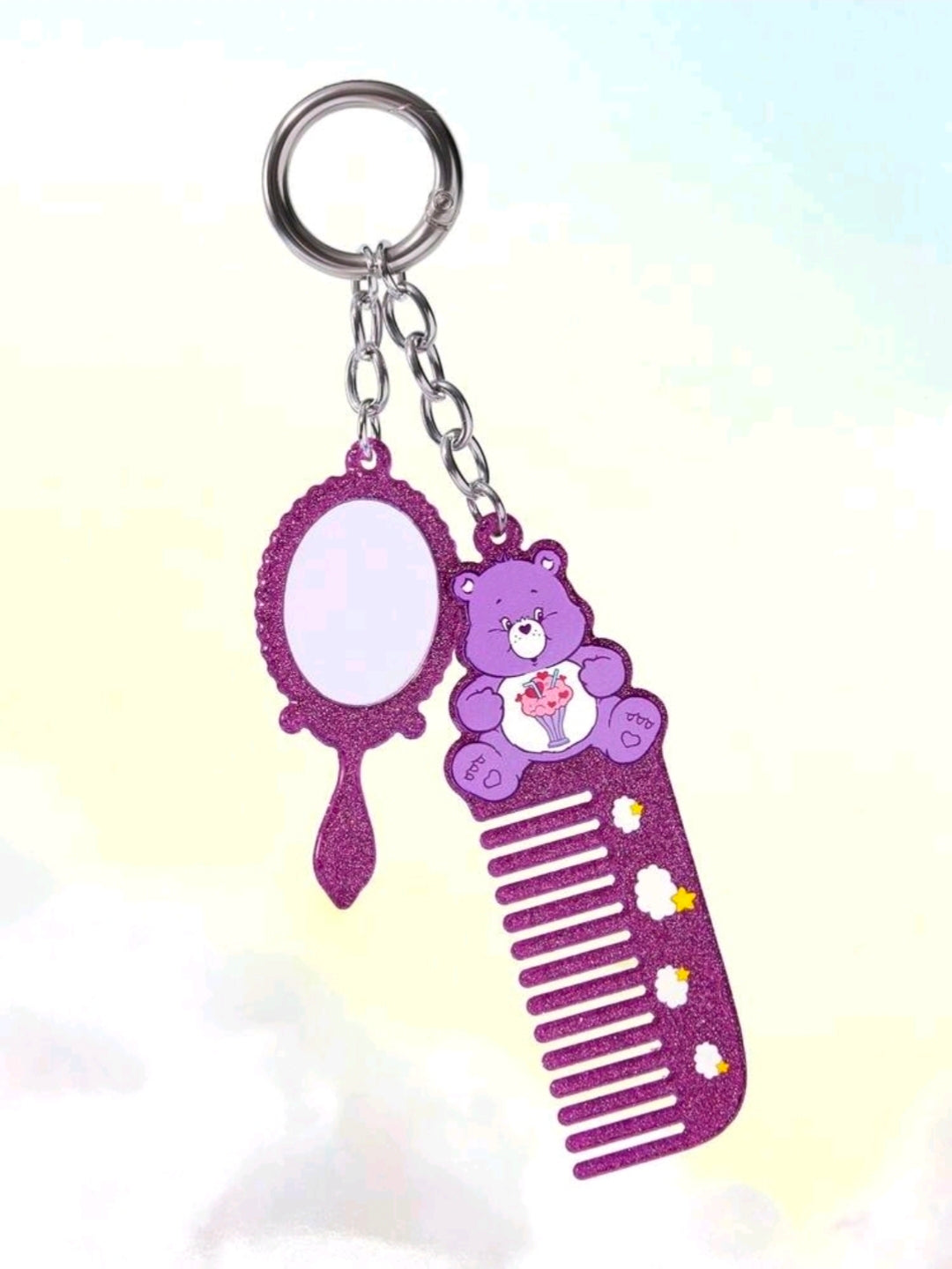 Purple glitter mini comb with round mirror and bear charm keychain set