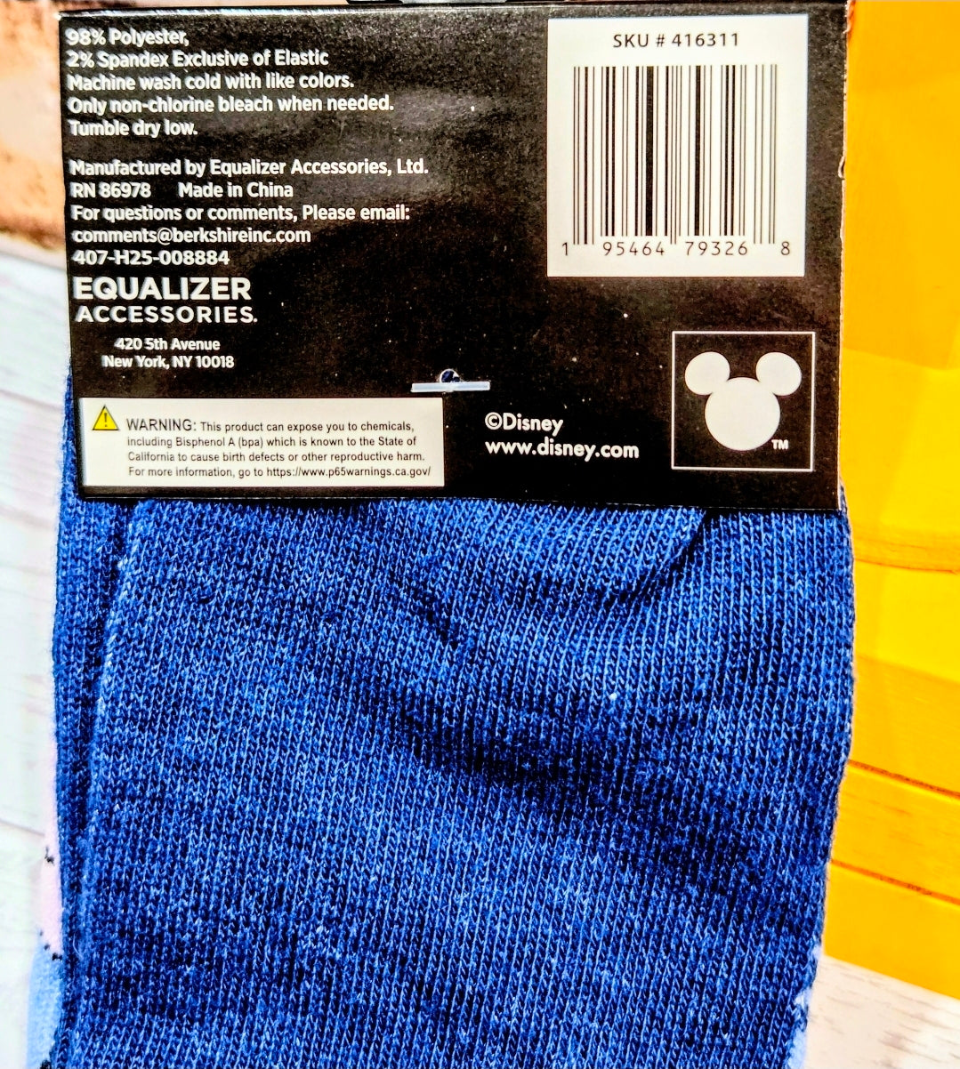 Blue crew socks with stitched knit texture, viewed from top with care label