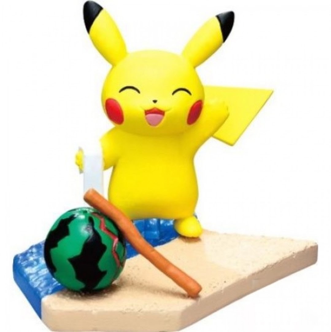 Pikachu seaside mini figure lying on a surfboard-like base with a green melon