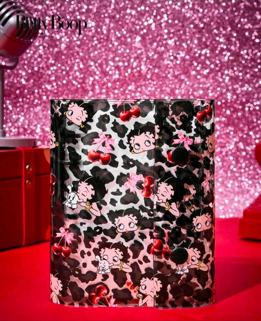 Betty Boop PVC 6-ring binder front, black leopard print with pink bows