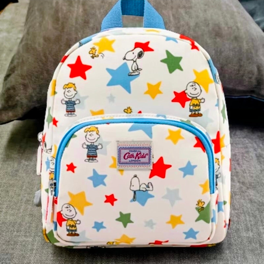 Kids mini backpack with multicolor stars and Peanuts characters, blue-trimmed front pocket