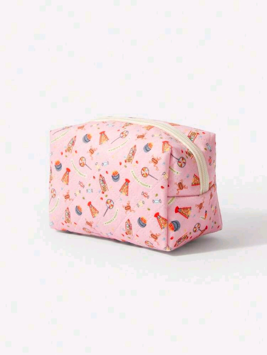 Pink fabric makeup pouch with Honeydukes print and beige zipper trim
