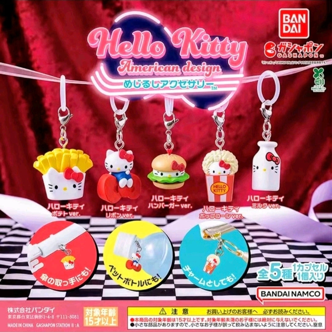 Set of five Hello Kitty food-themed keychains with metal rings: fries, burger, popcorn, milk