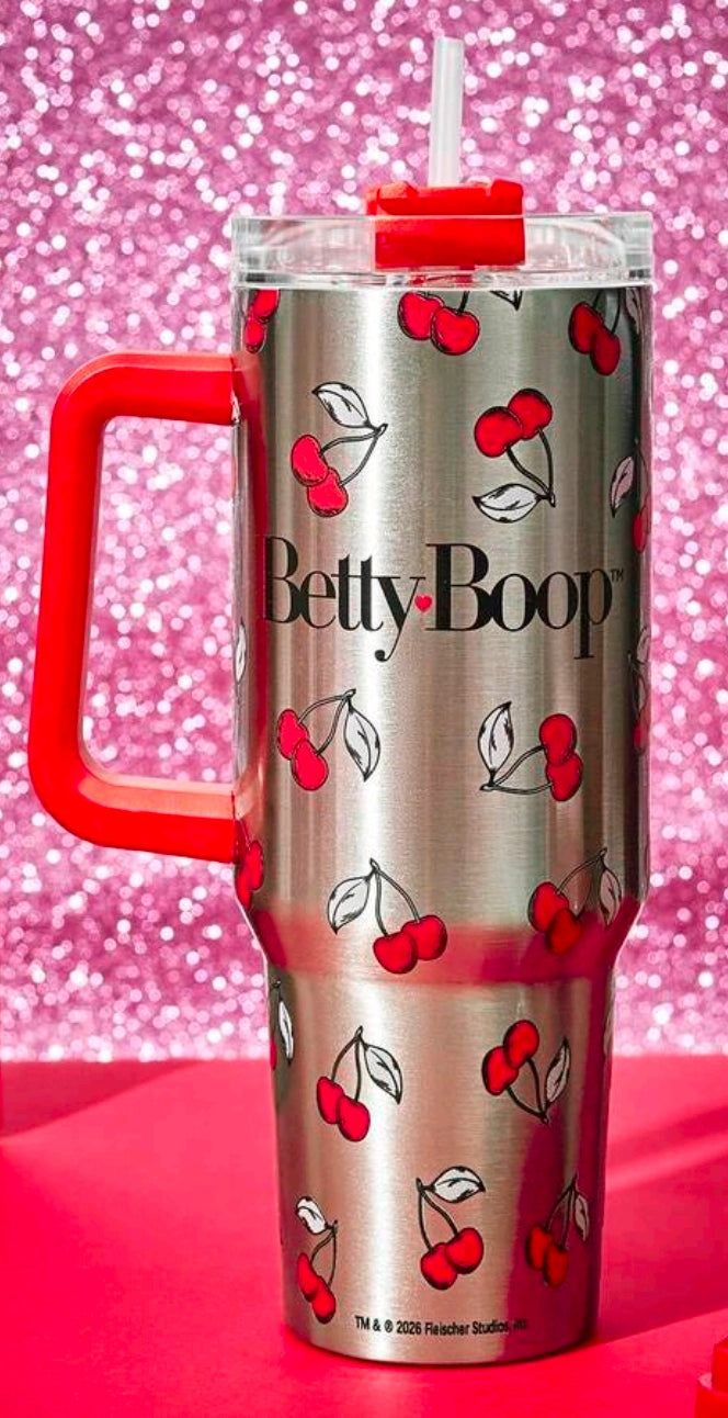 Stainless steel insulated tumbler with red handle, Betty Boop cherry print, clear straw lid.