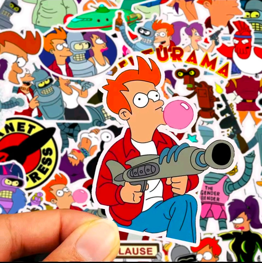 Assorted Futurama vinyl character stickers held in a hand, shown close-up