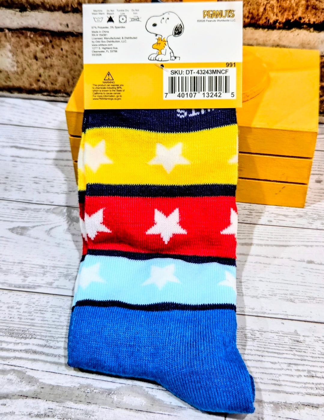 Snoopy flying ace crew socks with red, white, and blue star stripe design