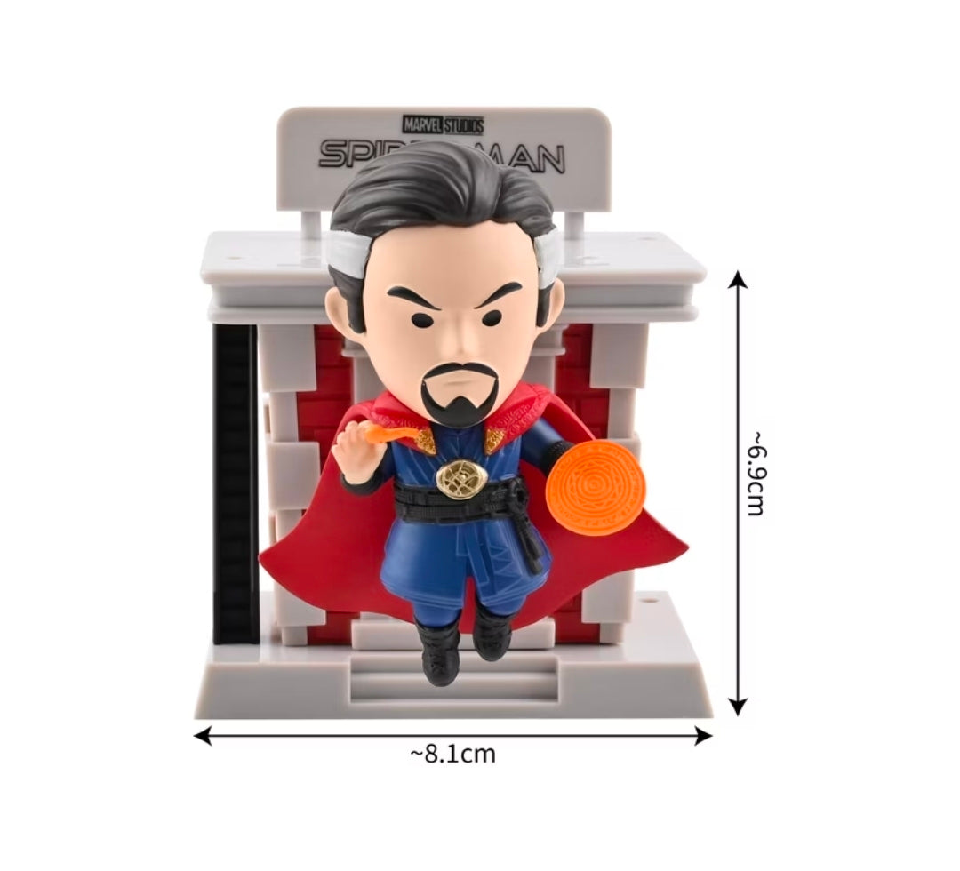 Spider-Man tower blind box figure of a bearded man in red cape and blue outfit