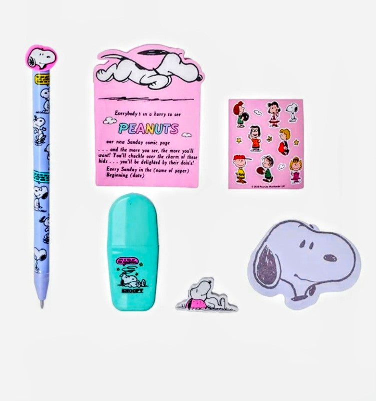 Snoopy stationery set flat lay with decorated pen, mini notebook, sticky notes, eraser, stickers.