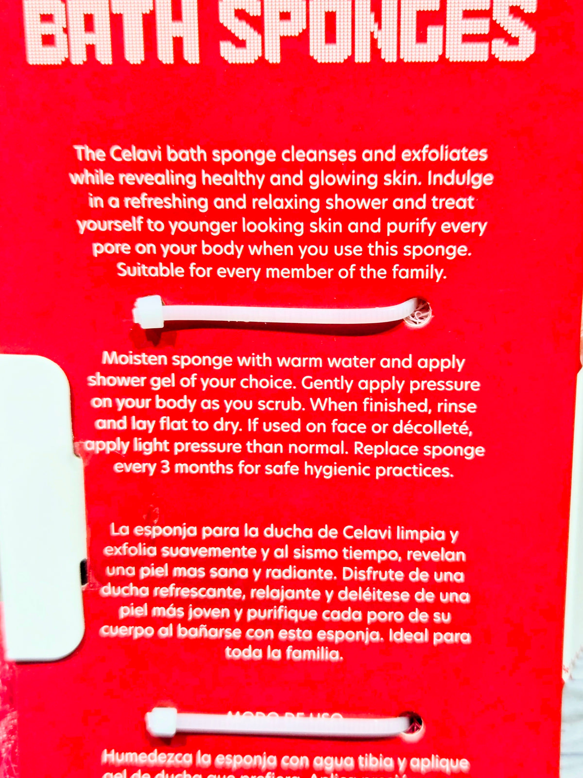 Back of bath sponge packaging card with care instructions and size info