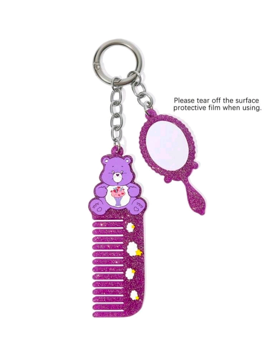 Purple glitter mini comb and round mirror keychain set with Care Bear charm