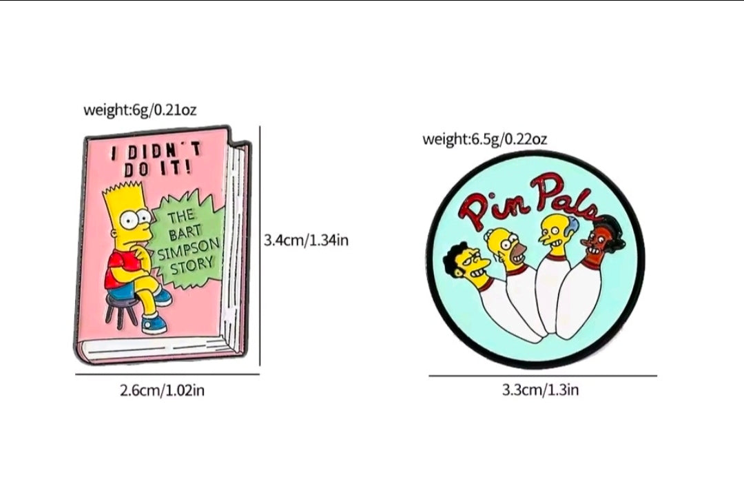 Simpsons enamel pin set size view: pink book pin and round Pin Pals pin