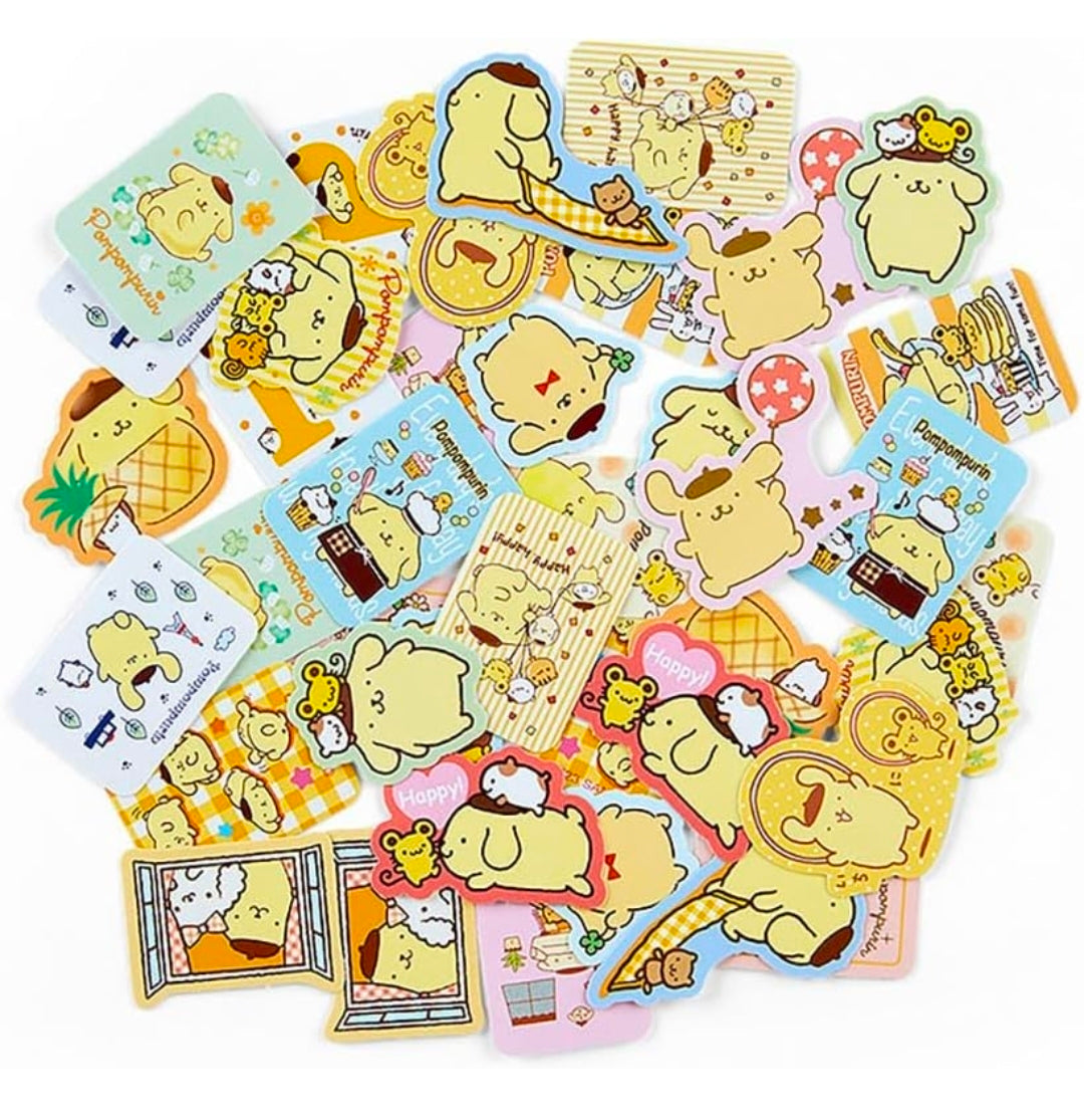 Yellow die-cut sticker flakes sheet with Pompompurin characters and musical notes