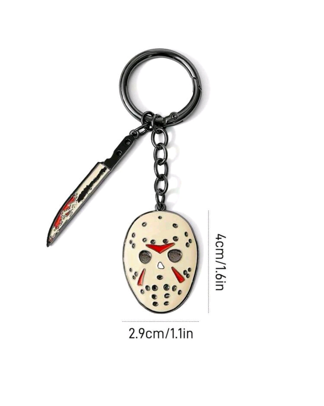 Enamel mask charm keychain with red-and-black dagger charm and linked oval ring holder