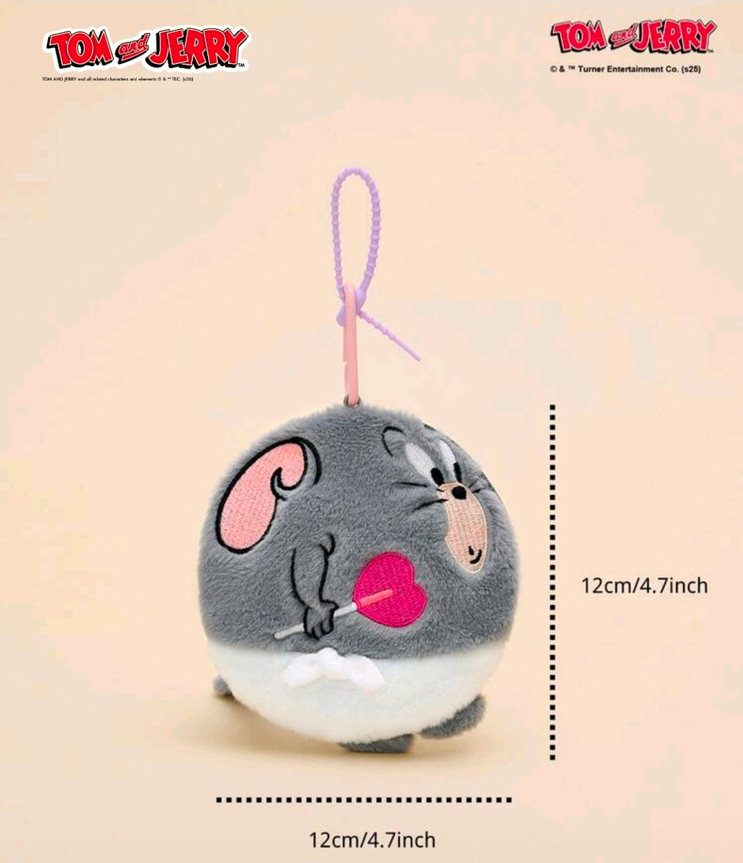 Grey round plush keychain bag charm with pink cord loop and pink heart