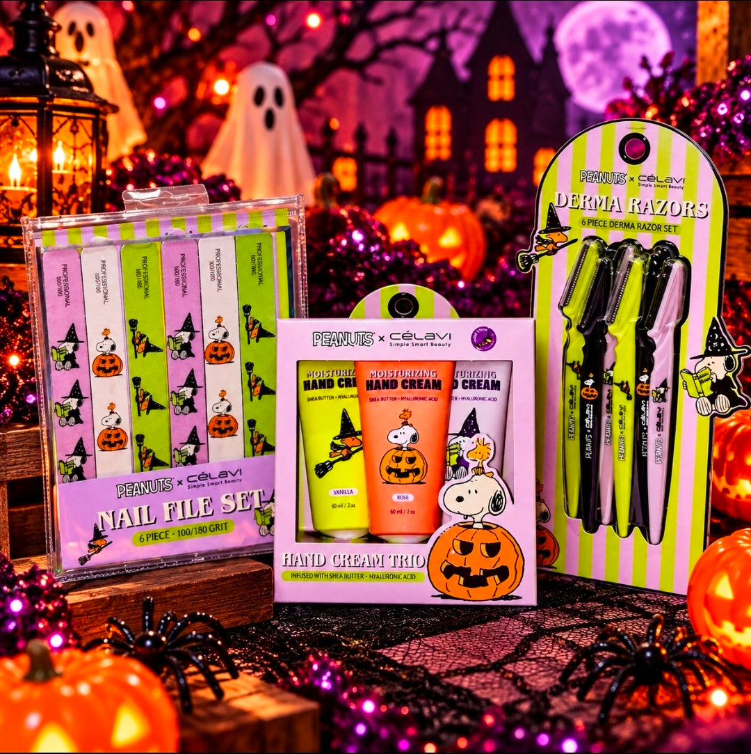 Halloween beauty gift set display with nail file set, hand cream trio, and derma razors