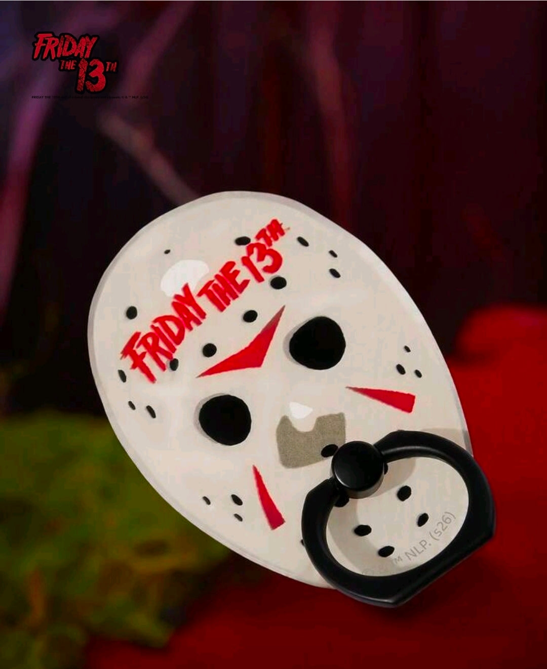Skull-mask phone grip with “Friday the 13th” text and black ring base
