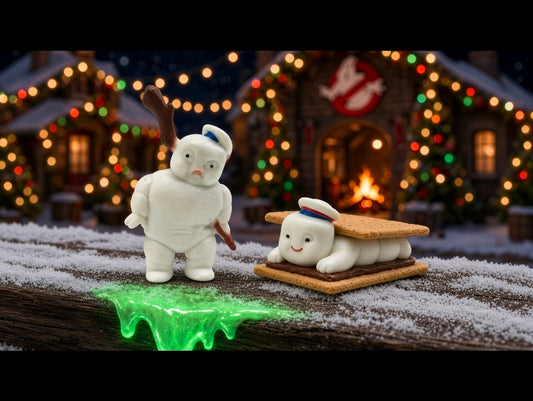 Two White Mini-Puft figures: one standing, one lying on a roasting board with green slime