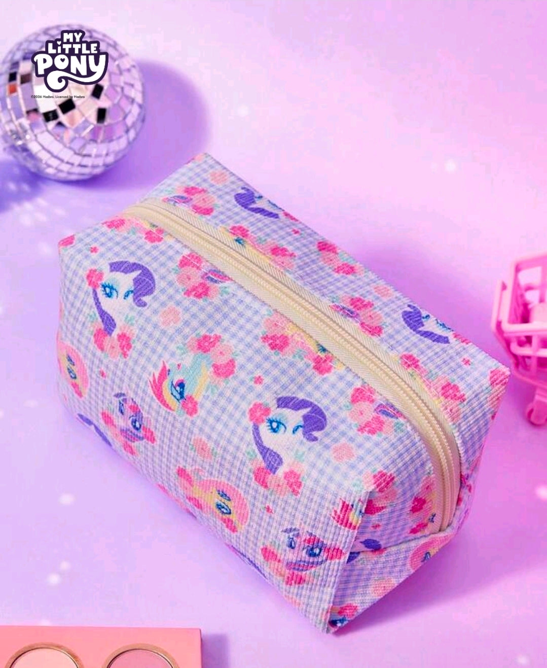 Boxy light-blue gingham zip pouch with My Little Pony prints and tan zipper tape