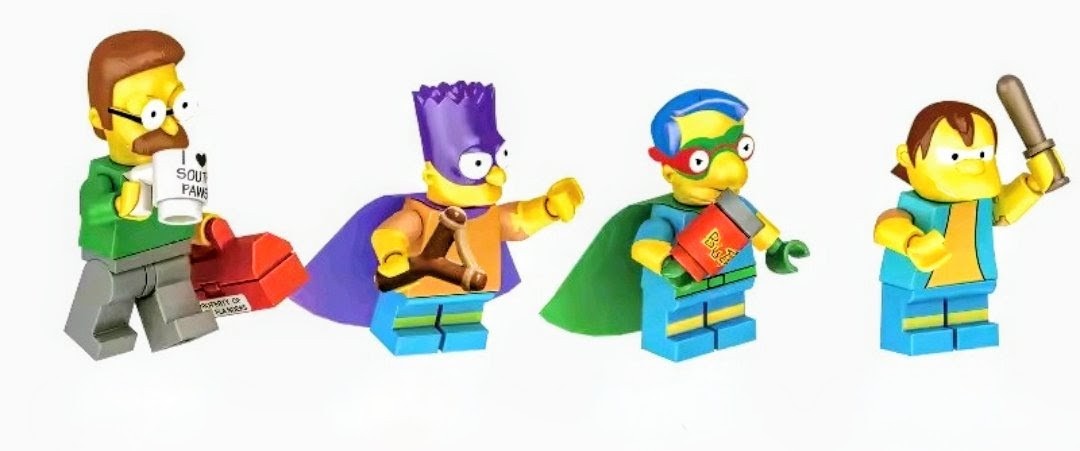 Simpsons mini brick superhero figures set, four characters with capes and accessories