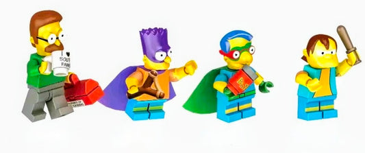 Simpsons mini brick superhero figures set, four characters with capes and accessories