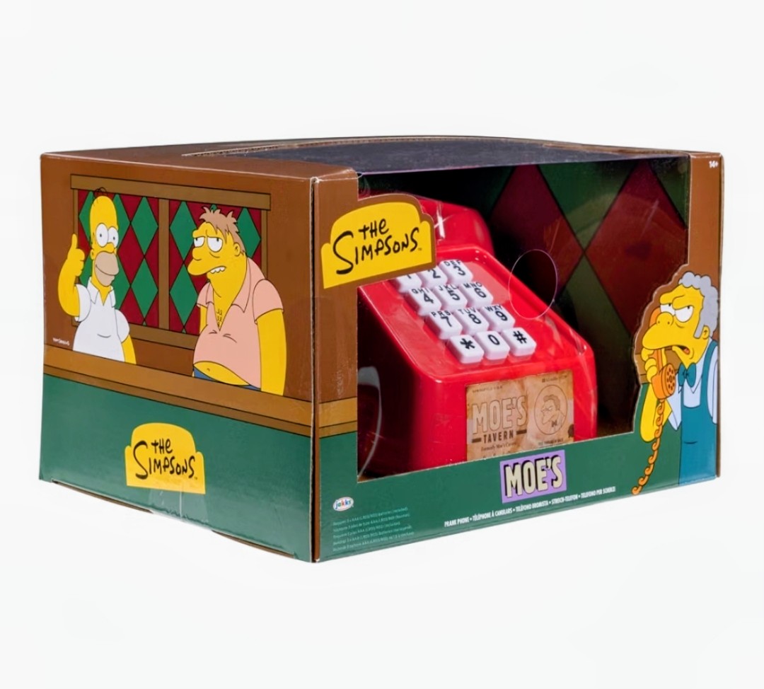 Simpsons-themed retail box for Moe’s Tavern prank phone with red phone inside