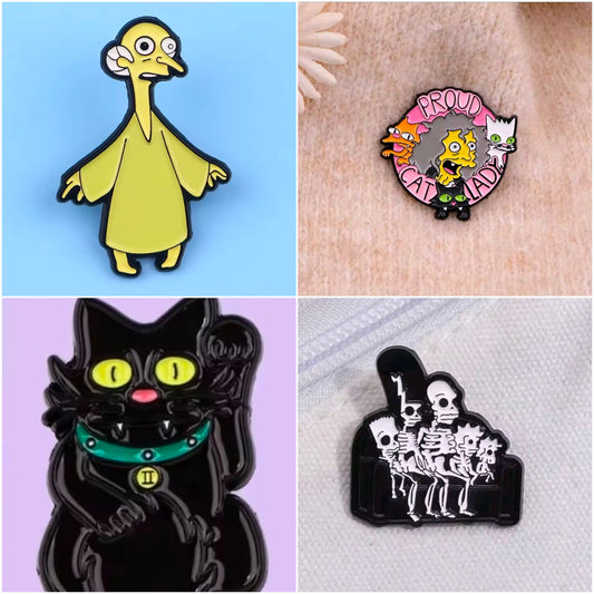 Set of 4 enamel pins: cat lady standing, proud circular badge, black cat, grave scene