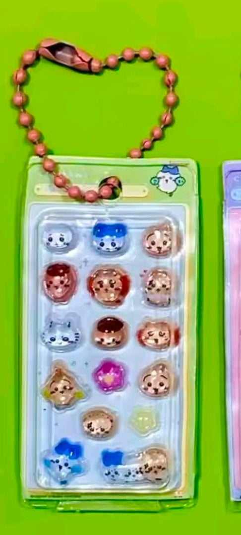 Mini gashapon sticker keychain with 3D character stickers in clear blister and bead strap