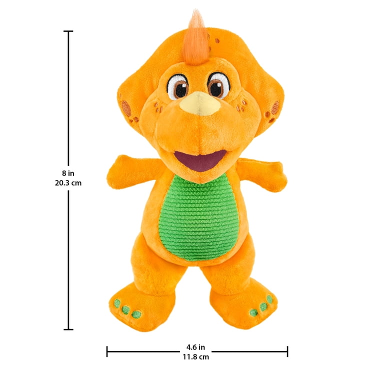 Orange plush dinosaur doll with green striped shirt, soft fabric, full body
