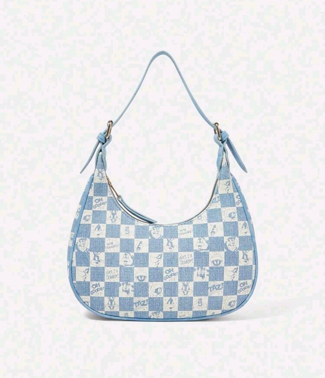 Blue checkered hobo handbag with two shoulder straps and metal hardware