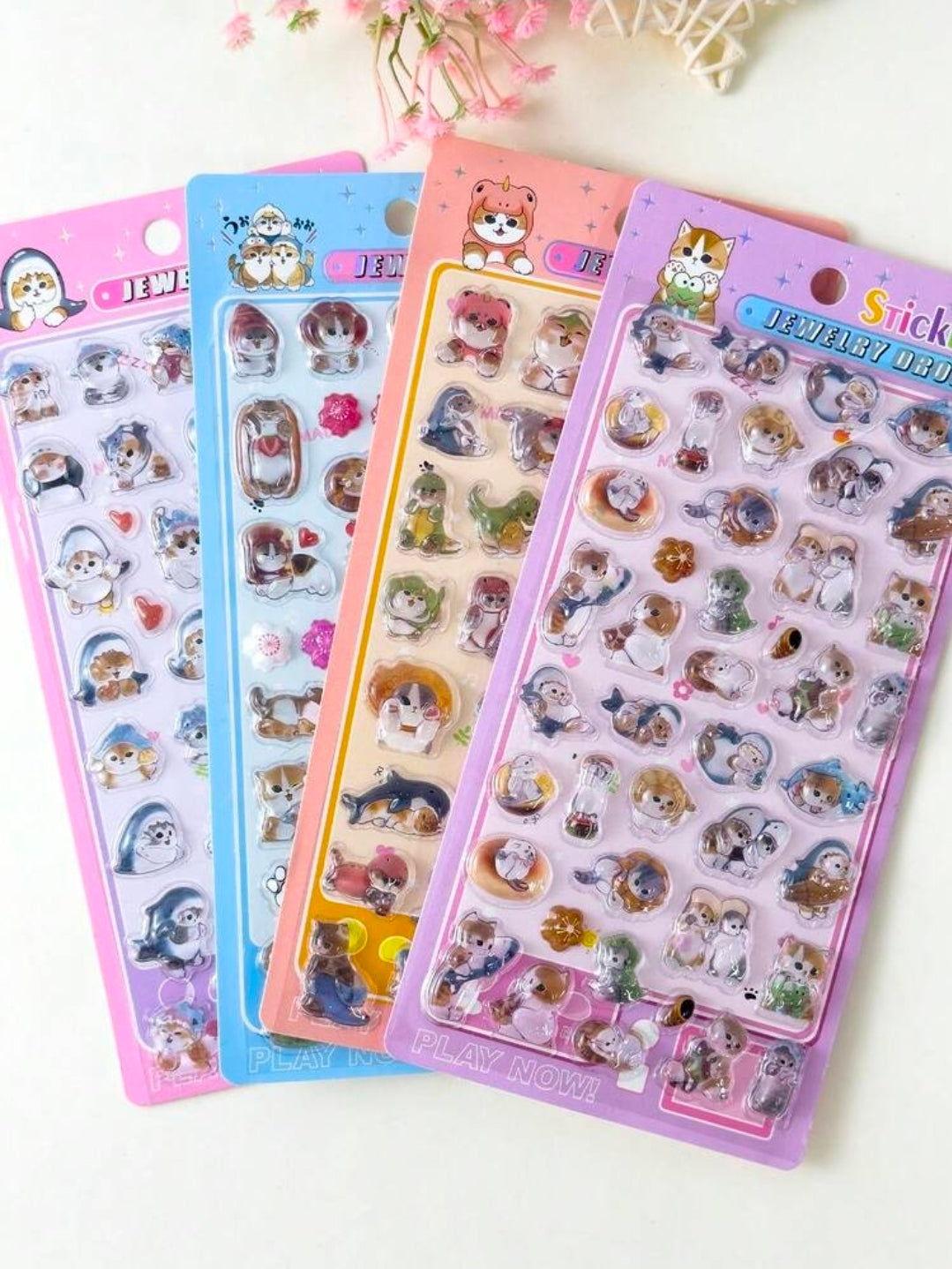 Cat jewelry drop puffy sticker sheet set, three pastel packs in pink, blue, and purple