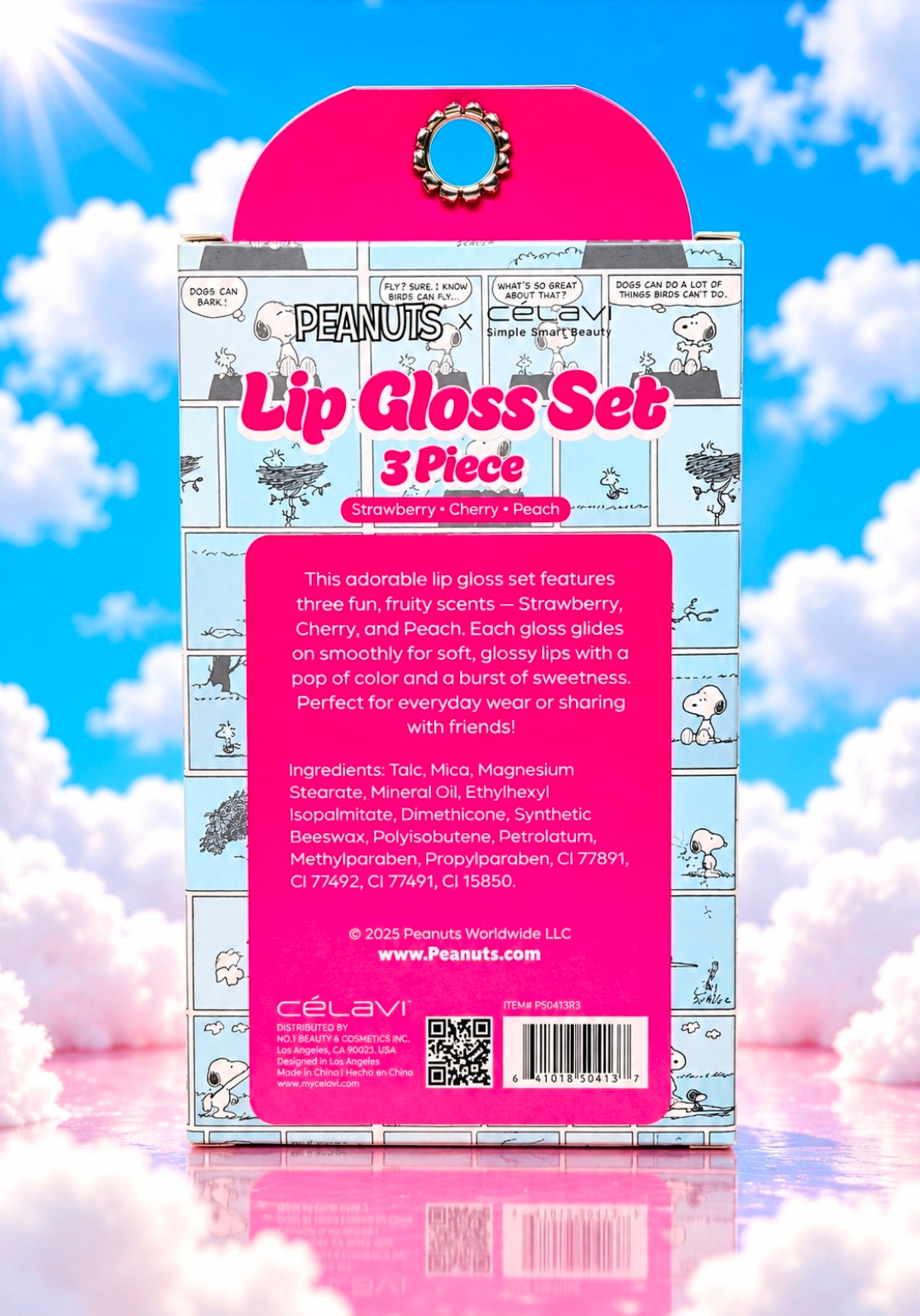 3-piece lip gloss set back label with Snoopy branding on the package