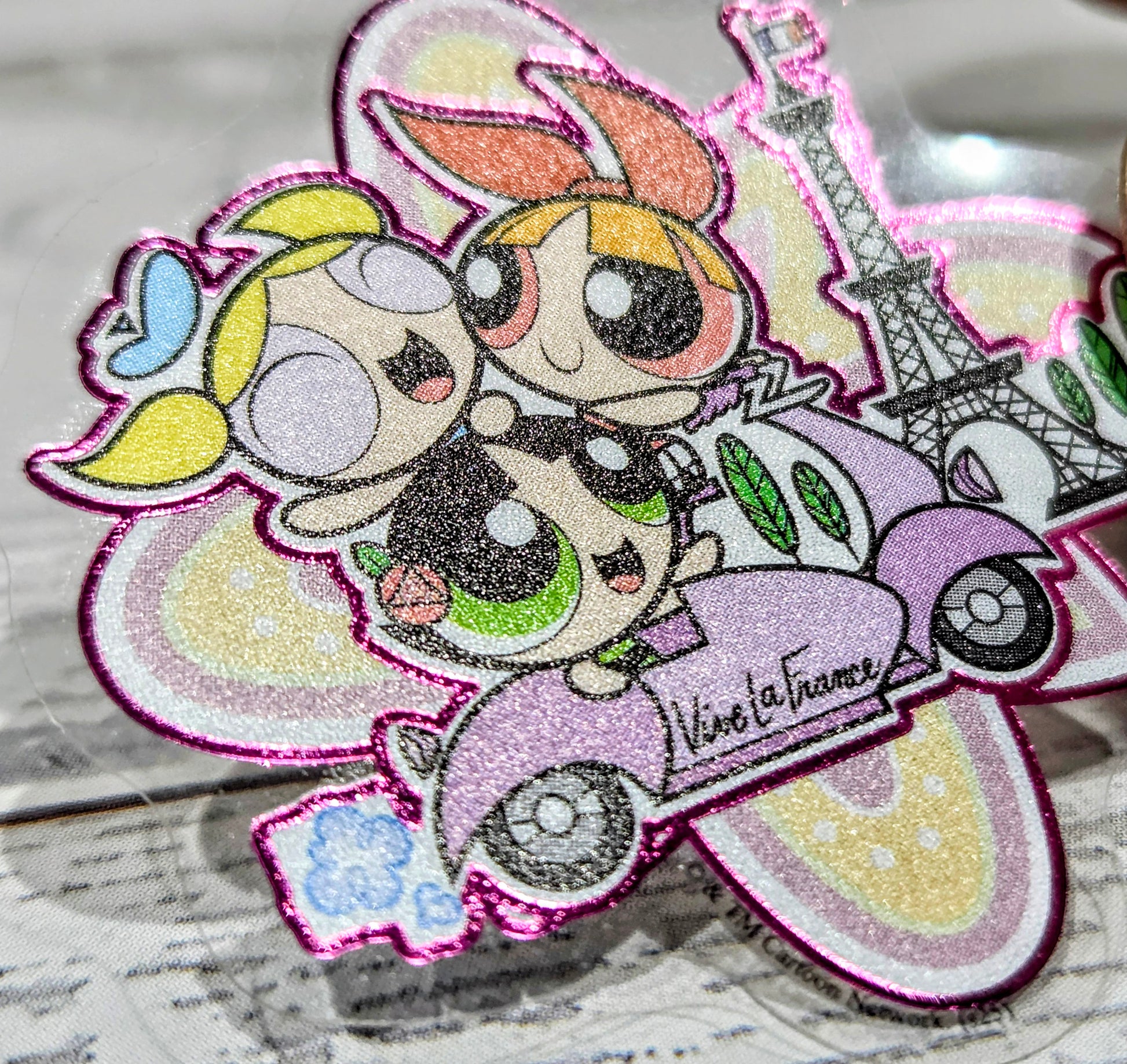 Powerpuff Girls cowgirl rodeo metallic foil sticker of three characters in purple scene
