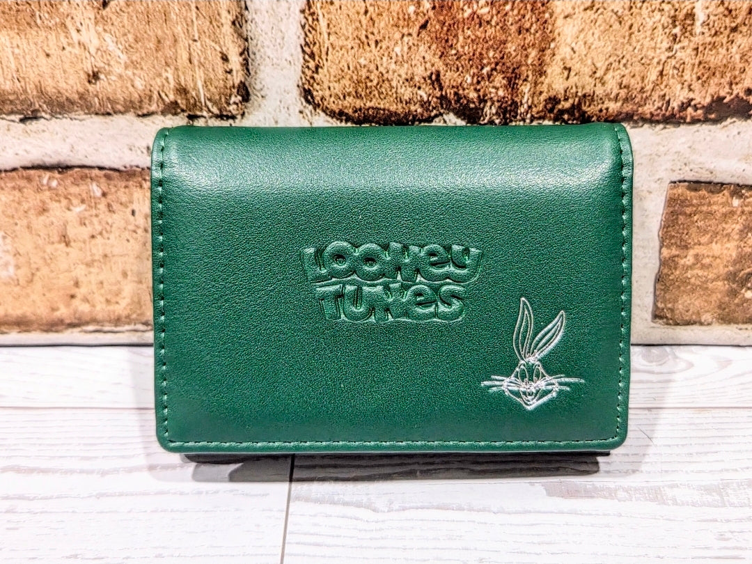 Green Bugs Bunny card wallet with snap closure, stitched edges, faux leather look